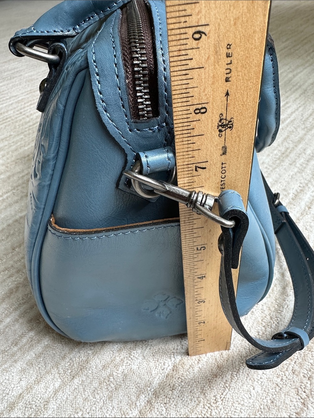 Like New Patricia Nash SKYE Leather HTF Safflower Blue Tooled Embossed Satchel - Picture 17 of 17